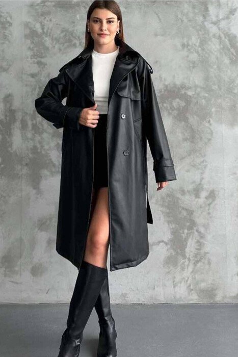 LONG LEATHER ONE COLOR WOMEN JACKET BLACK/ E ZEZE - KLAUDIO FASHION