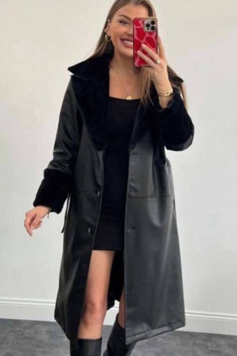 LONG LEATHER WOMEN COAT BLACK/ E ZEZE - KLAUDIO FASHION