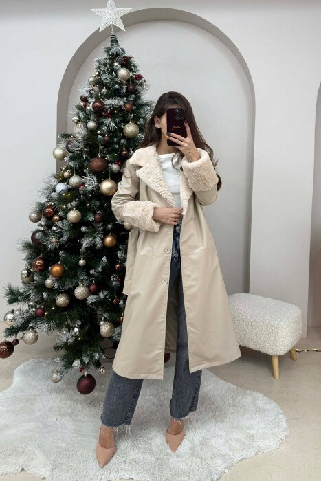 LONG LEATHER WOMEN COAT CREAM/KREM - KLAUDIO FASHION