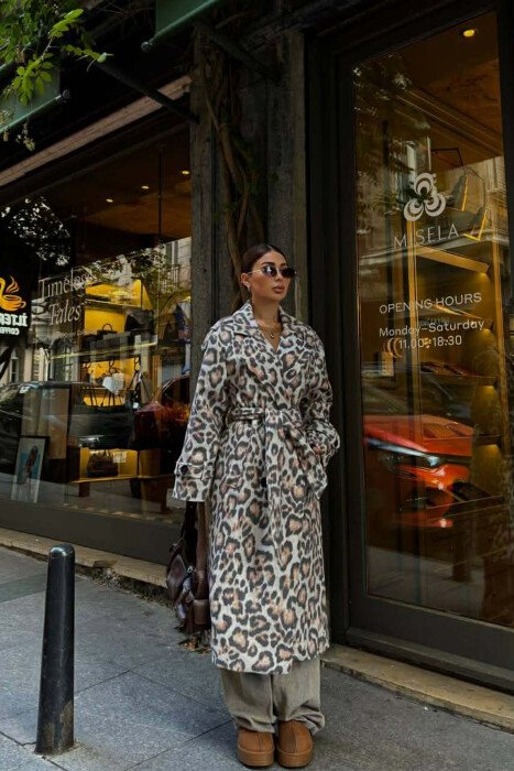 LONG LEO DESIGN BELT DETAIL WOMEN COAT LEO/LEOPARD - 1