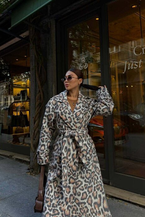 LONG LEO DESIGN BELT DETAIL WOMEN COAT LEO/LEOPARD - 2