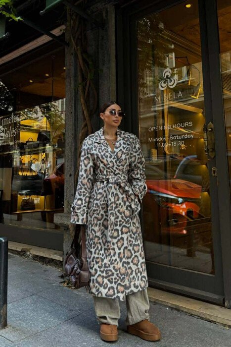 LONG LEO DESIGN BELT DETAIL WOMEN COAT LEO/LEOPARD - 3