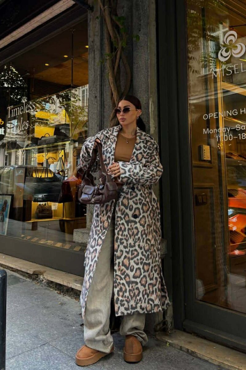 LONG LEO DESIGN BELT DETAIL WOMEN COAT LEO/LEOPARD - 4