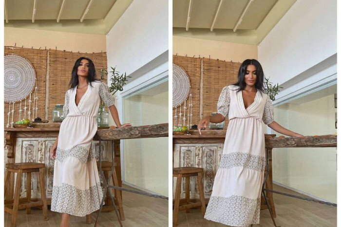 LONG ONE COLOR DRESS CREAM/KREM - KLAUDIO FASHION