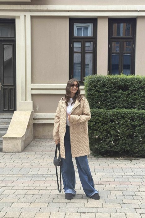 LONG ONE COLOR HOODED WOMEN JACKET BEIGE/BEZHE - 1
