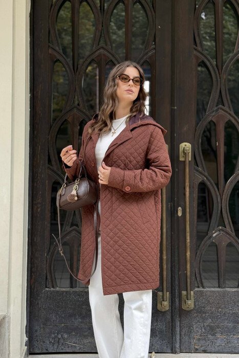 LONG ONE COLOR HOODED WOMEN JACKET BROWN/KAFE - 2