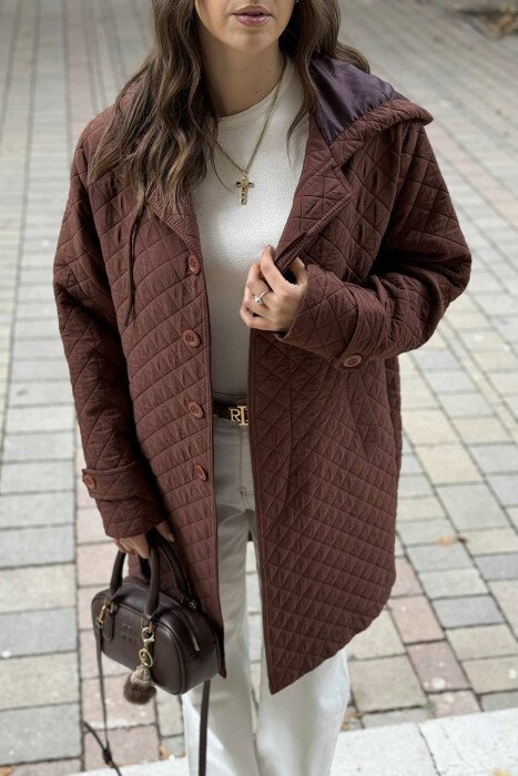 LONG ONE COLOR HOODED WOMEN JACKET BROWN/KAFE - 3