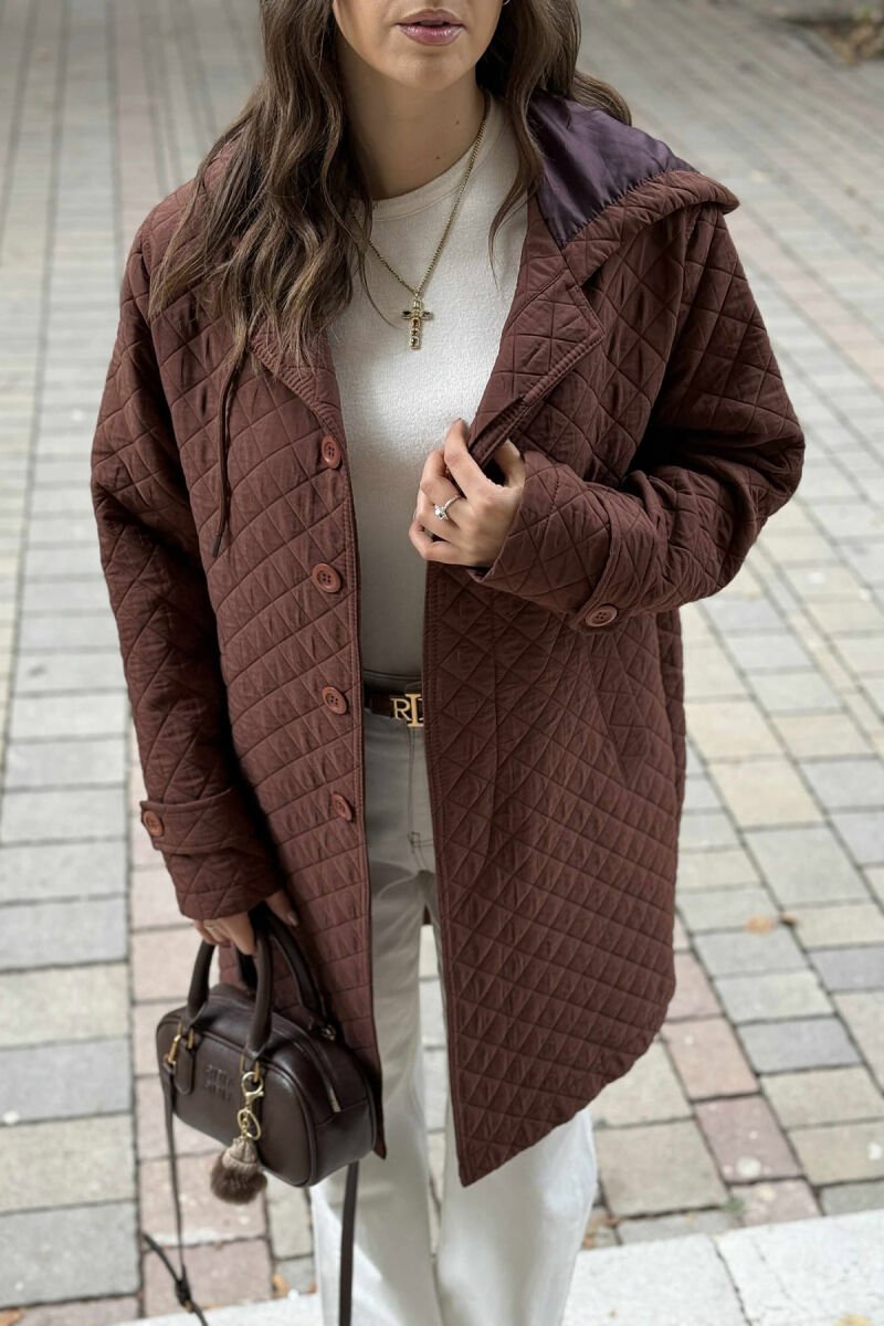 LONG ONE COLOR HOODED WOMEN JACKET BROWN/KAFE - 3