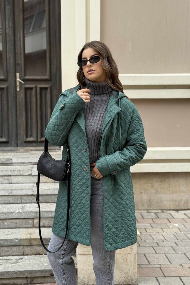 LONG ONE COLOR HOODED WOMEN JACKET GREEN/JESHILE - 1