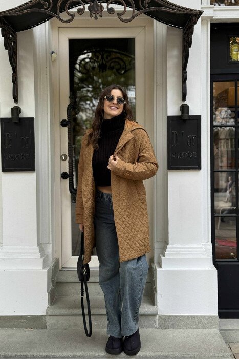 LONG ONE COLOR HOODED WOMEN JACKET LIGHT BROWN/KAZB 