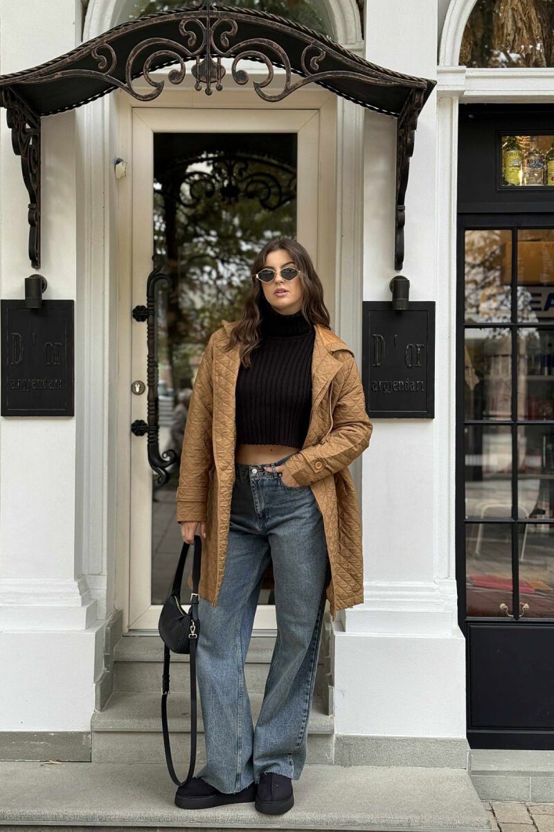 LONG ONE COLOR HOODED WOMEN JACKET LIGHT BROWN/KAZB - 6