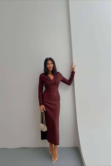 LONG ONE COLOR WOMEN DRESS BROWN/KAFE - 