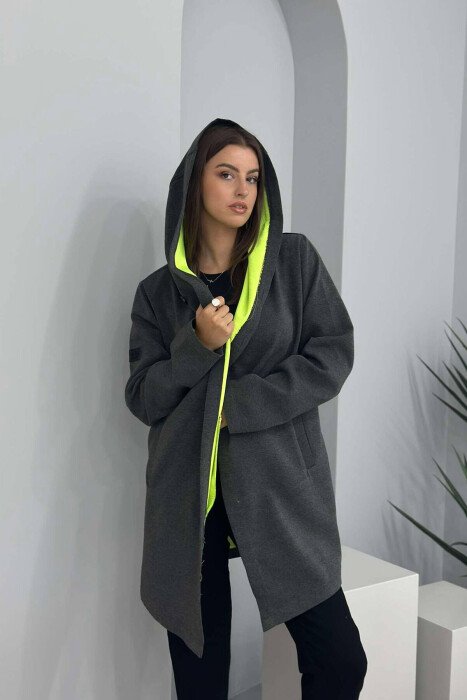 LONG ONE COLOR WOMEN JACKET DARK GREY/GEE - KLAUDIO FASHION