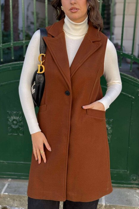 LONG ONE COLOR WOMEN VEST BROWN/KAFE - KLAUDIO FASHION