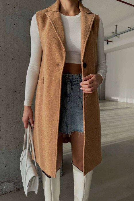 LONG ONE COLOR WOMEN VEST LIGHT BROWN/KAZB - KLAUDIO FASHION