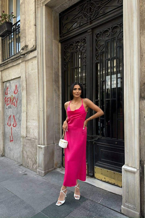 LONG OPEN BACK WOMAN DRESS BROWN/KAFE FUCHSIA/CIKLAMI - 1