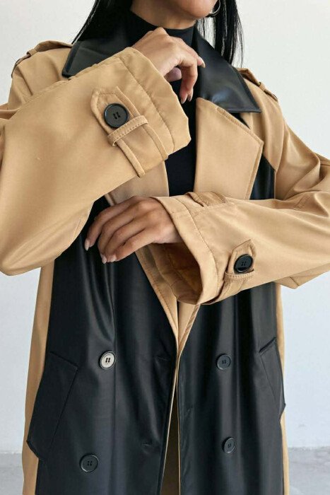 LONG SIMPLE BELT DETAIL WOMEN TRENCH COAT BLACK-BEIGE/ZEBE - 6