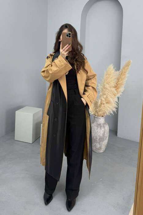 LONG SIMPLE BELT DETAIL WOMEN TRENCH COAT BLACK-BEIGE/ZEBE - 1