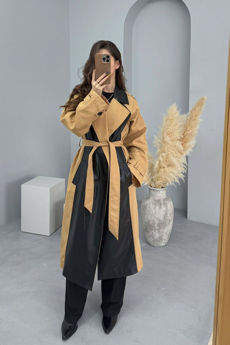 LONG SIMPLE BELT DETAIL WOMEN TRENCH COAT BLACK-BEIGE/ZEBE - 2