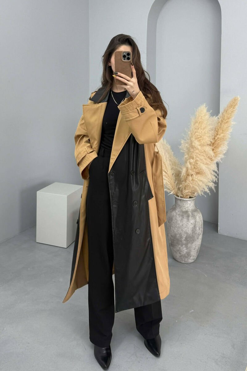 LONG SIMPLE BELT DETAIL WOMEN TRENCH COAT BLACK-BEIGE/ZEBE - 5
