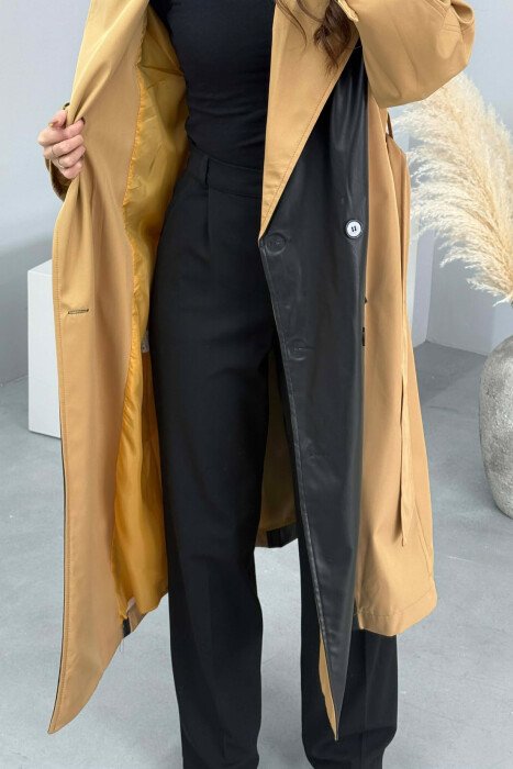 LONG SIMPLE BELT DETAIL WOMEN TRENCH COAT BLACK-BEIGE/ZEBE - 3