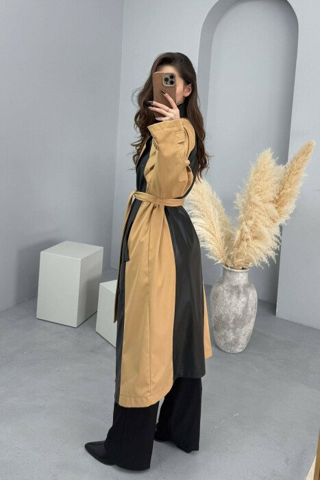 LONG SIMPLE BELT DETAIL WOMEN TRENCH COAT BLACK-BEIGE/ZEBE - 4