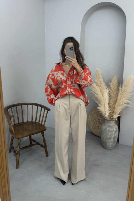 LONG SLEEVE ABSTRACT DESIGN WOMEN SHIRT ORANGE/PORTOKALLI - KLAUDIO FASHION