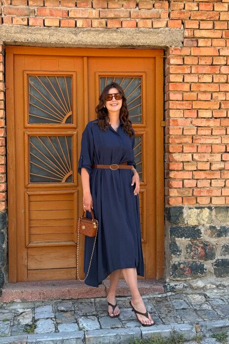 LONG SLEEVE BELT DETAIL WOMAN DRESS BLUE/BLU - KLAUDIO FASHION
