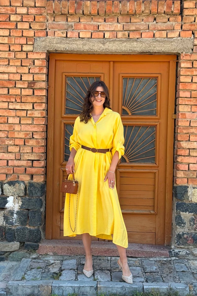LONG SLEEVE BELT DETAIL WOMAN DRESS YELLOW/E VERDHE - 1