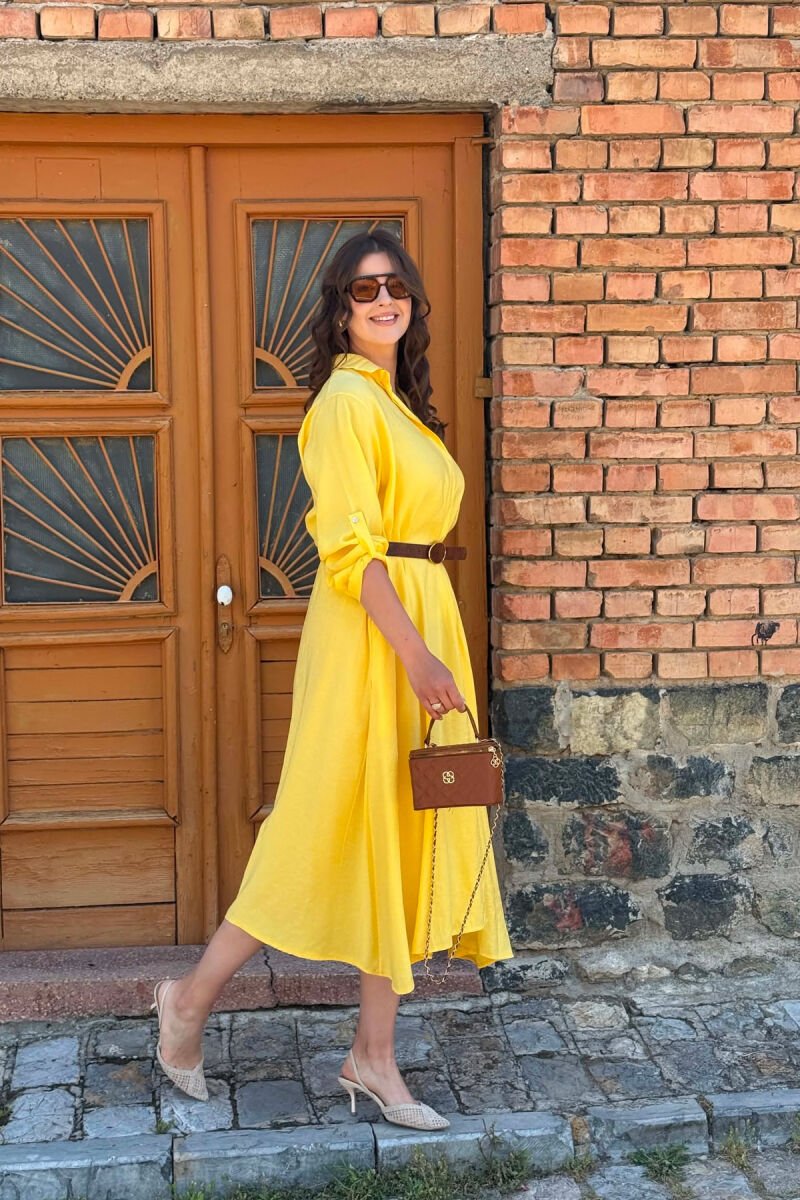LONG SLEEVE BELT DETAIL WOMAN DRESS YELLOW/E VERDHE - 3