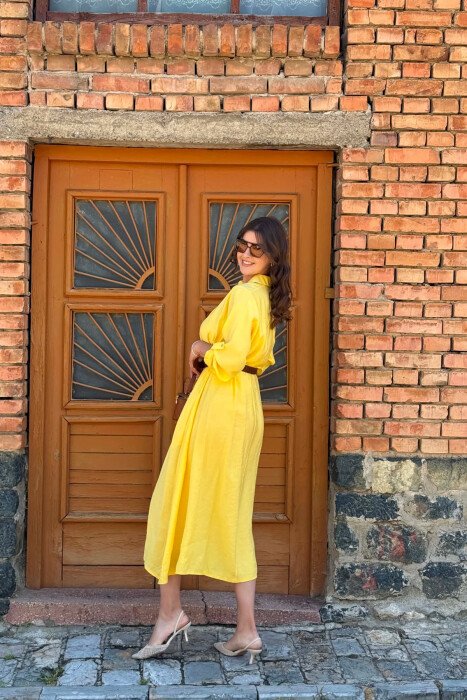 LONG SLEEVE BELT DETAIL WOMAN DRESS YELLOW/E VERDHE - 5