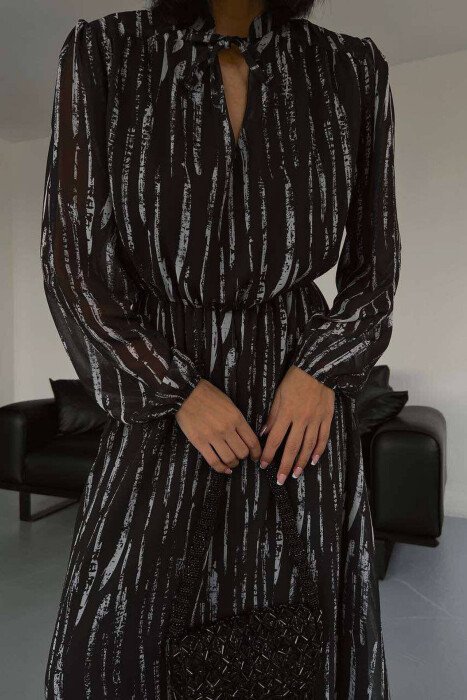LONG SLEEVE BELT WOMEN DRESS BLACK-GREY/ZEGR - 4