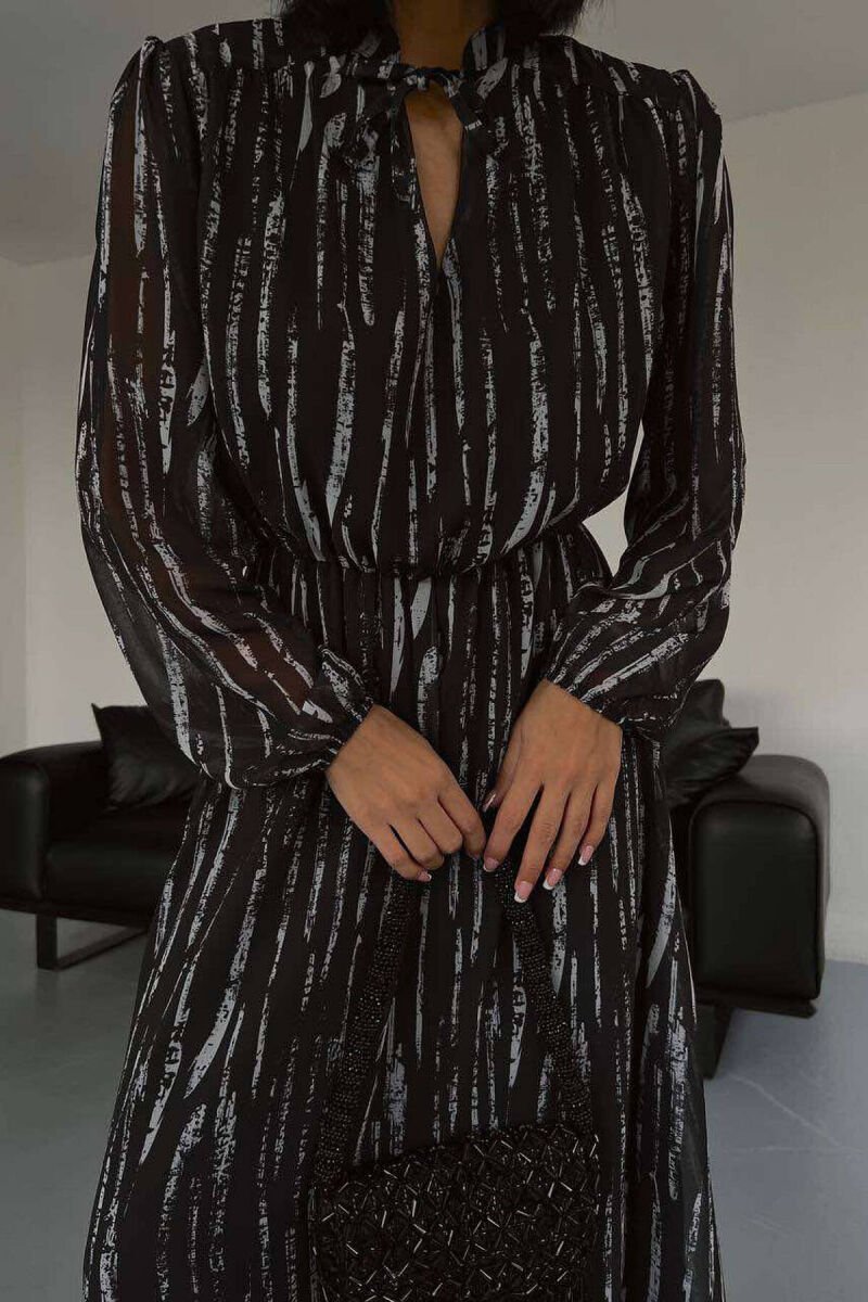 LONG SLEEVE BELT WOMEN DRESS BLACK-GREY/ZEGR - 4