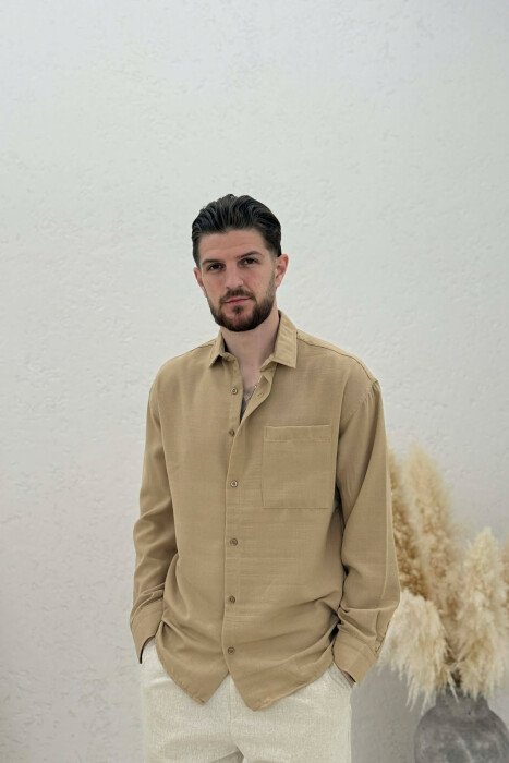 LONG SLEEVE FRONT POCKET MEN SHIRTS BEIGE/BEZHE - KLAUDIO FASHION