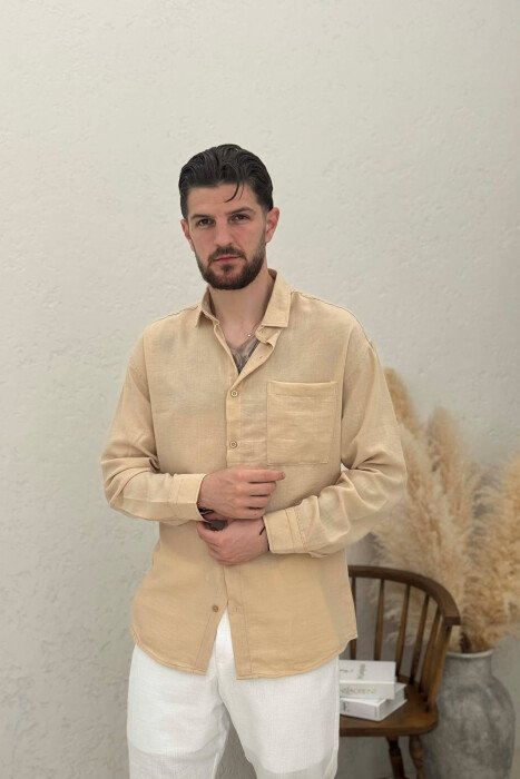 LONG SLEEVE FRONT POCKET MEN SHIRTS CREAM/KREM - KLAUDIO FASHION
