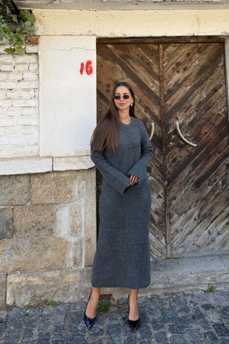 LONG SLEEVE KNITTED ONE COLOR LONG WOMAN DRESS DARK GREY/GEE - 