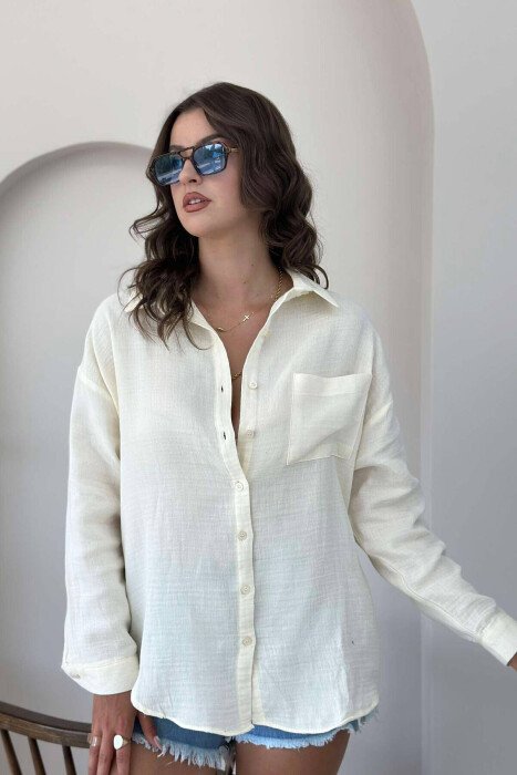 LONG SLEEVE LINEN WOMEN SHIRT CREAM/KREM - KLAUDIO FASHION
