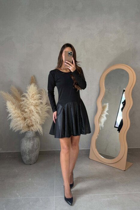 LONG SLEEVE ONE COLOR SHORT WOMEN DRESS BLACK/ E ZEZE - 1