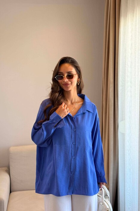 LONG SLEEVE ONE COLOR SIMPLE WOMEN SHIRT BLUE/BLU - KLAUDIO FASHION