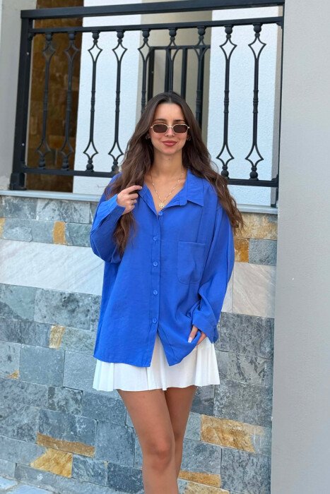 LONG SLEEVE ONE COLOR SIMPLE WOMEN SHIRT BLUE/BLU - 2