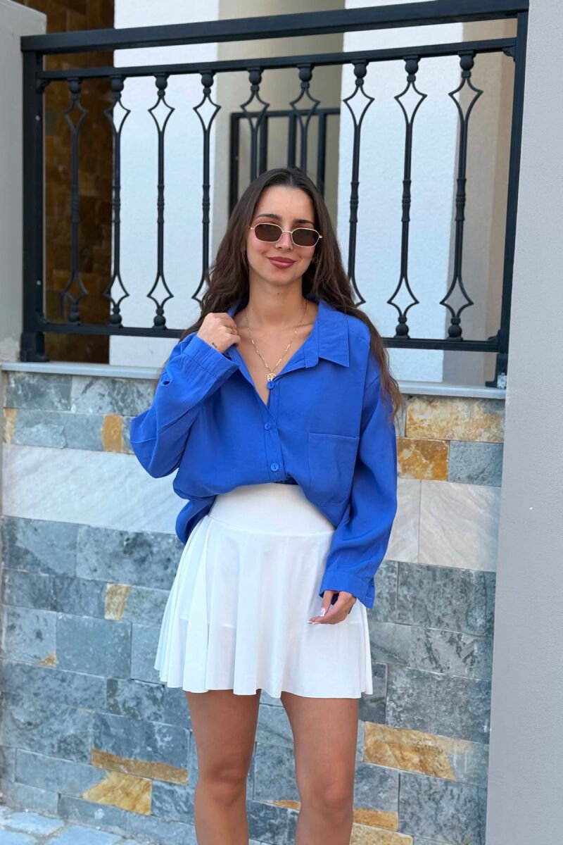 LONG SLEEVE ONE COLOR SIMPLE WOMEN SHIRT BLUE/BLU - 4