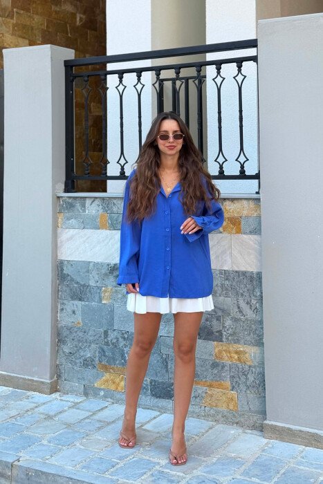 LONG SLEEVE ONE COLOR SIMPLE WOMEN SHIRT BLUE/BLU - 3