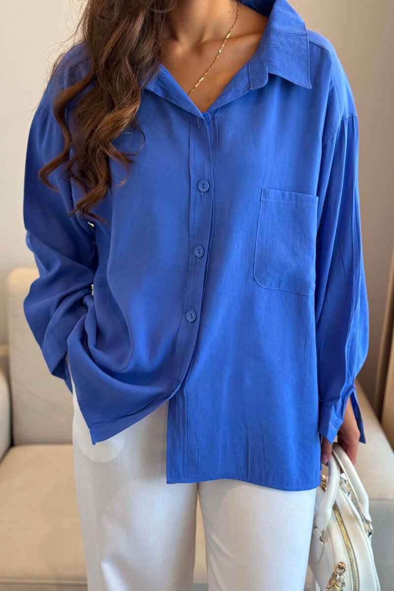 LONG SLEEVE ONE COLOR SIMPLE WOMEN SHIRT BLUE/BLU - 2