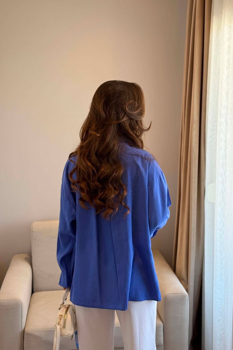 LONG SLEEVE ONE COLOR SIMPLE WOMEN SHIRT BLUE/BLU - 3