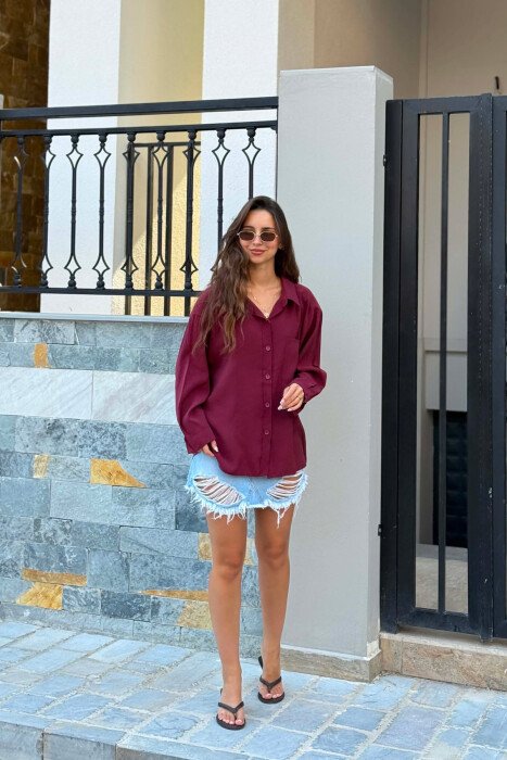 LONG SLEEVE ONE COLOR SIMPLE WOMEN SHIRT BURGUNDY/VISHNJE - KLAUDIO FASHION