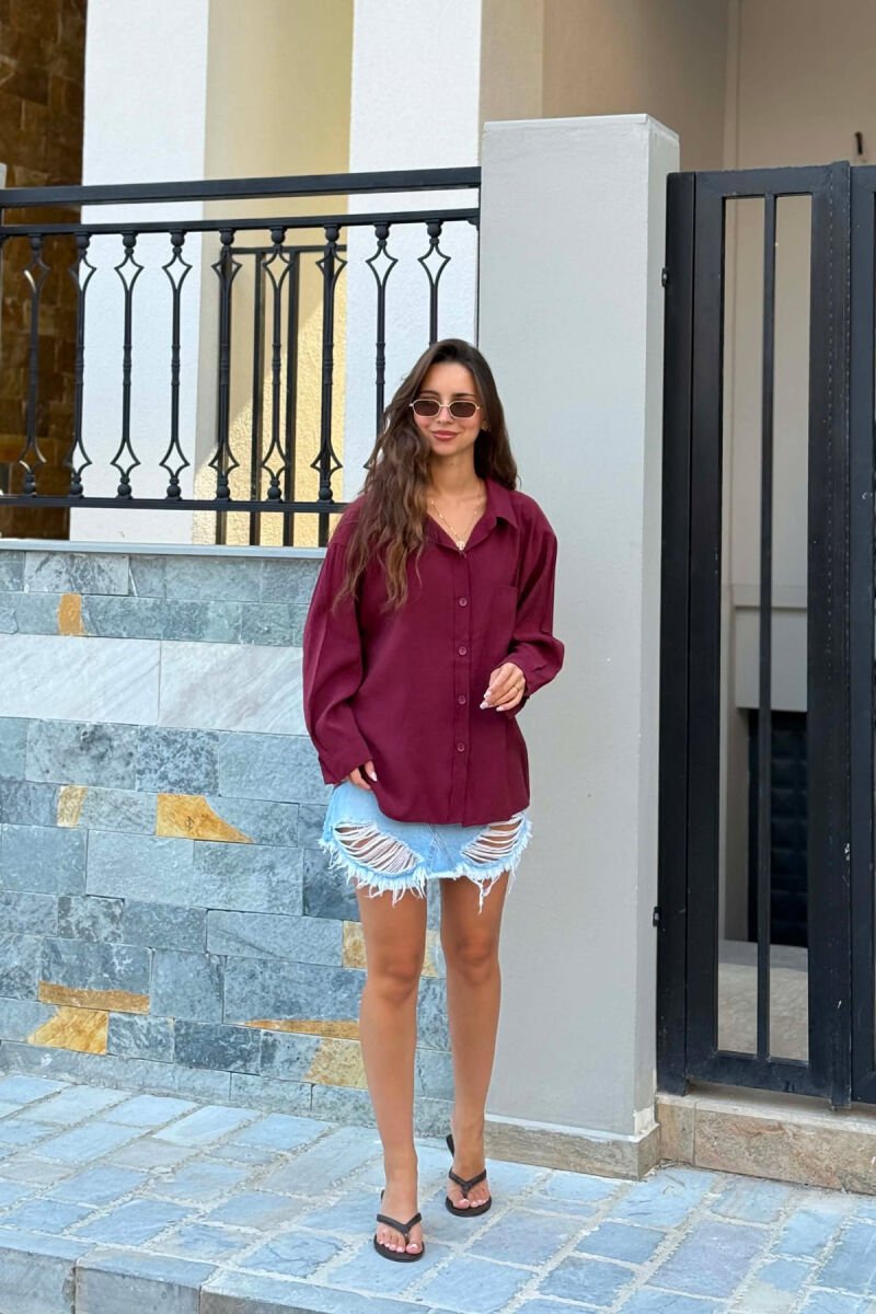 LONG SLEEVE ONE COLOR SIMPLE WOMEN SHIRT BURGUNDY/VISHNJE - 1