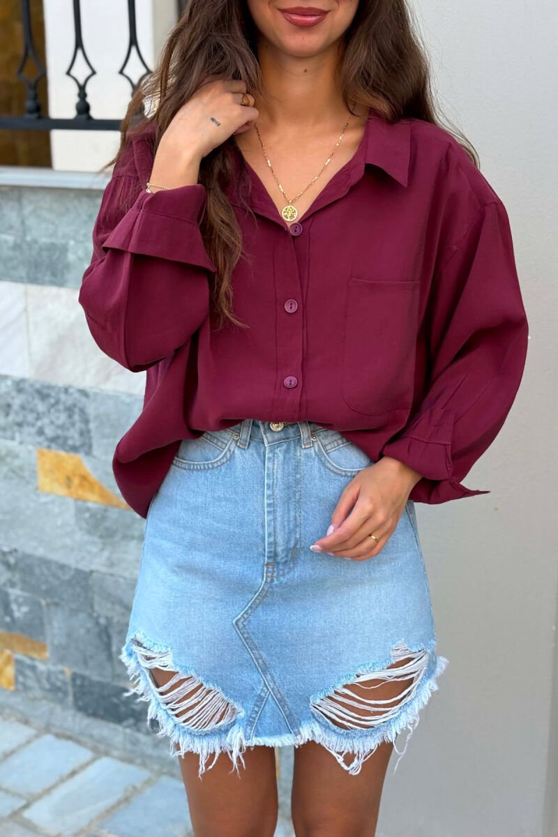 LONG SLEEVE ONE COLOR SIMPLE WOMEN SHIRT BURGUNDY/VISHNJE - 2