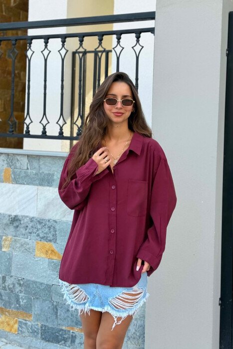 LONG SLEEVE ONE COLOR SIMPLE WOMEN SHIRT BURGUNDY/VISHNJE - 3