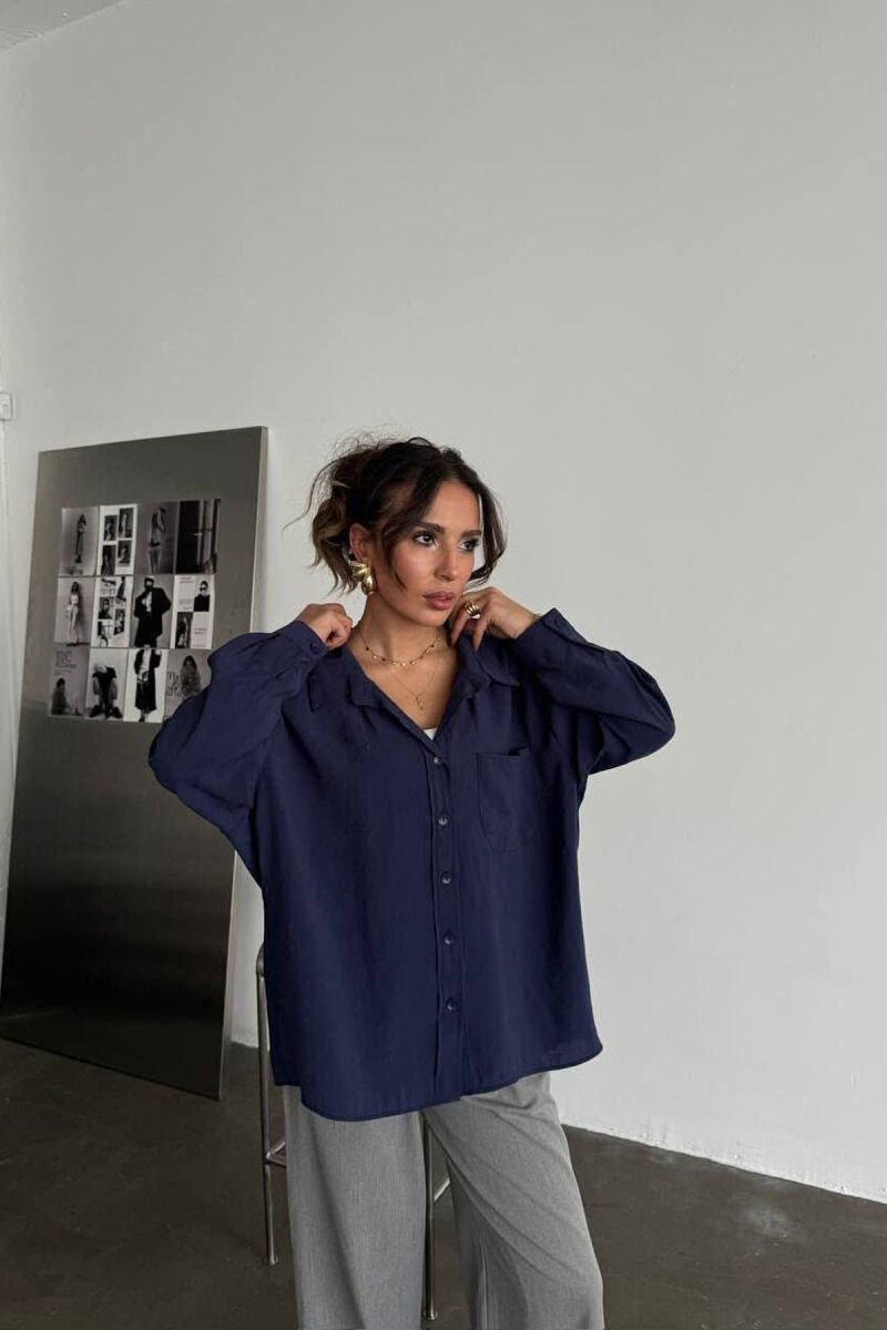 LONG SLEEVE ONE COLOR SIMPLE WOMEN SHIRT DARK BLUE/BEE - 2