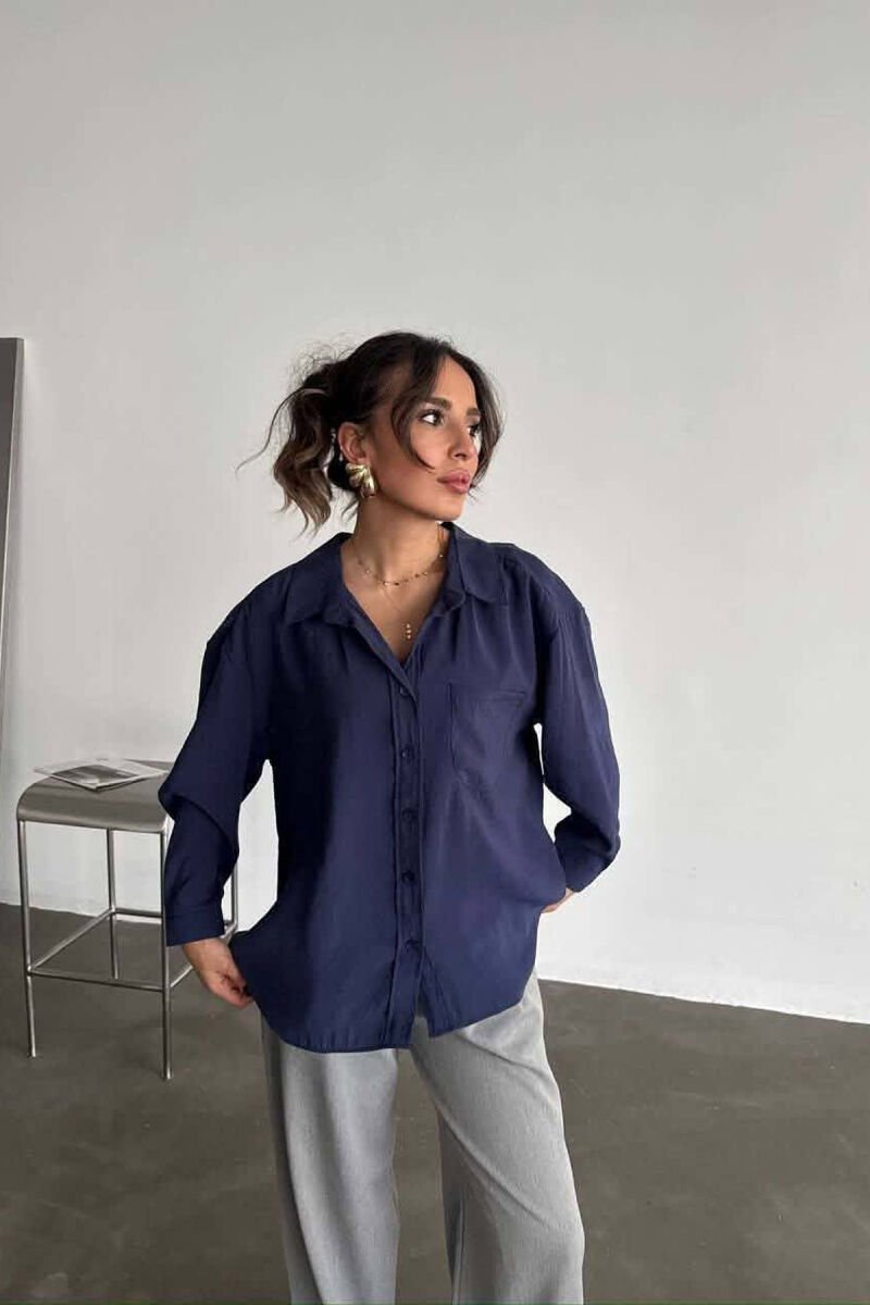 LONG SLEEVE ONE COLOR SIMPLE WOMEN SHIRT DARK BLUE/BEE - 4